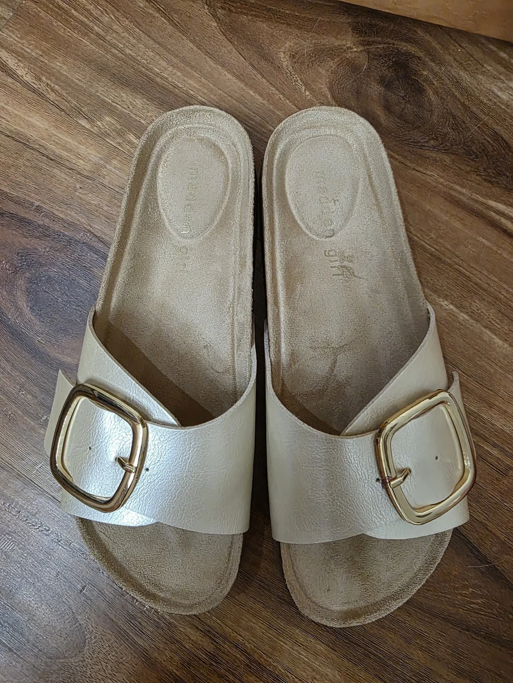 Women’s White Slide Sandals with Gold Buckle